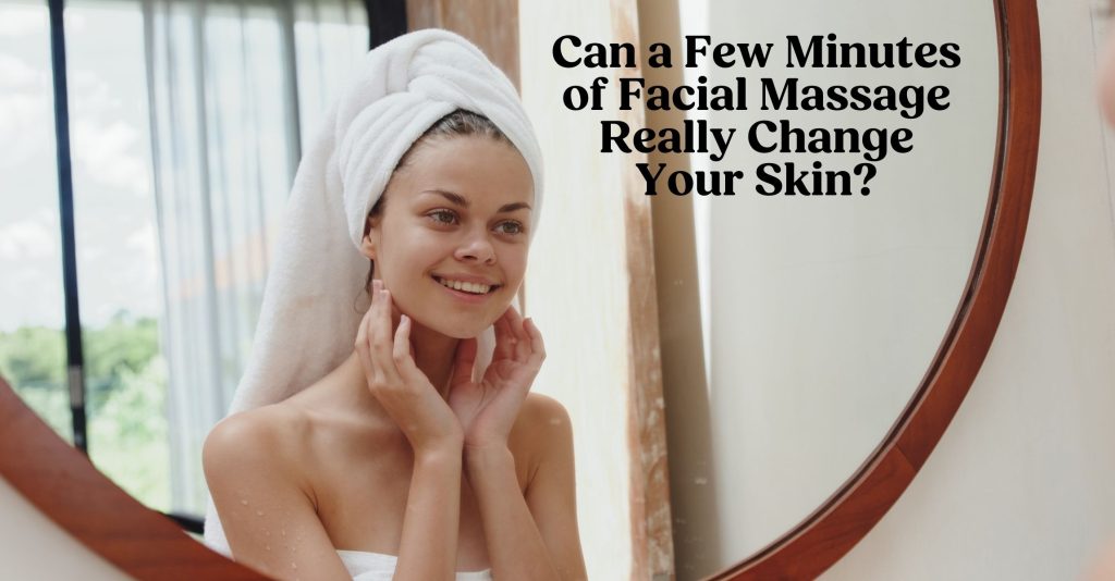 An image of a young woman looking in the mirror with a towel on her head doing facial massage