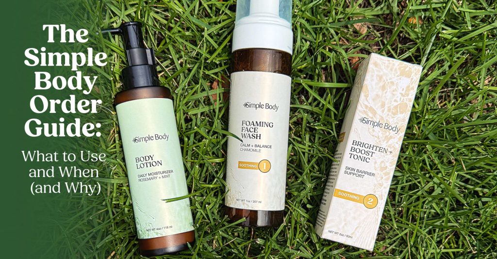 an image of our Body Lotion, Foaming Face Wash and Brighten and Boost Tonic laying in the green grass
