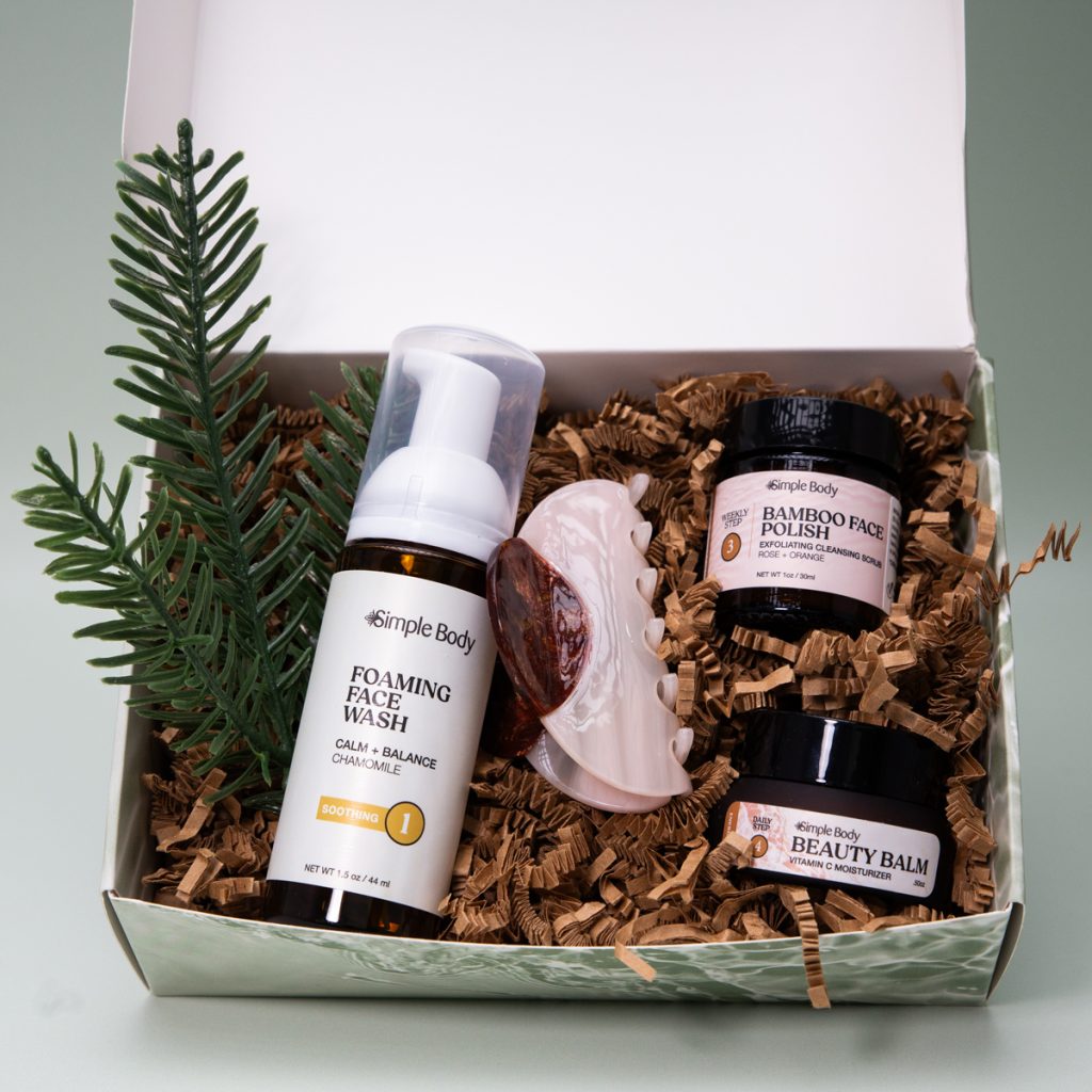 A photo of a gift box with a Foaming Face Wash, Bamboo Face Polish, Beauty Balm and a Vintage Hair Clip