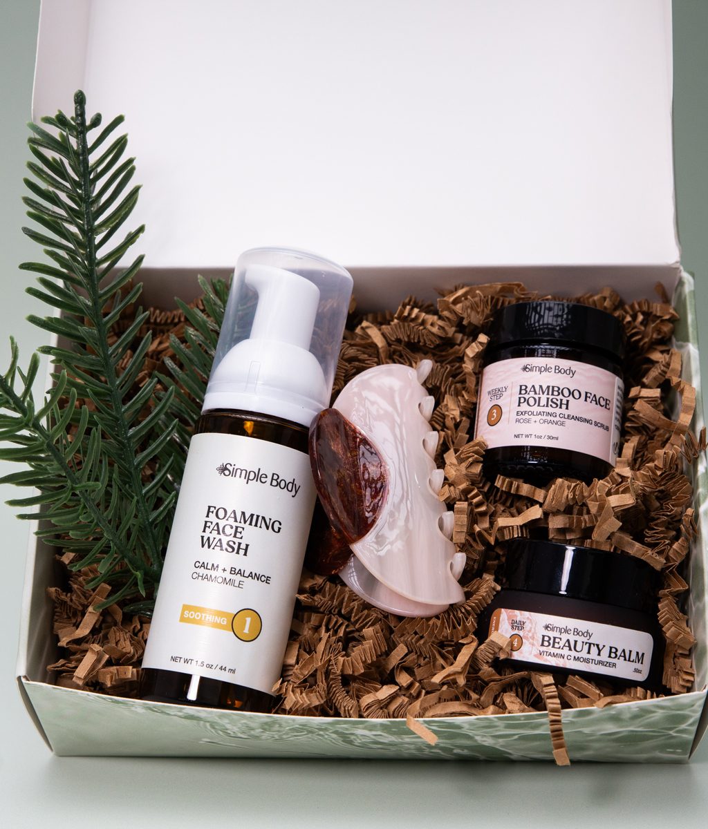 A photo of a gift box with a Foaming Face Wash, Bamboo Face Polish, Beauty Balm and a Vintage Hair Clip