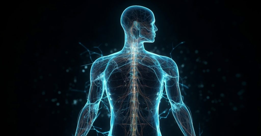 A digital, scientific illustration of a human body and lines representing the spine and the nervous system showing the effects of stress on the body on a black background.